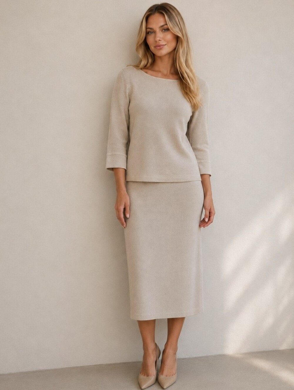 Eileen Fisher Knit Skirt And Sweater Set Silk Blend Ivory Minimalist Sz Medium